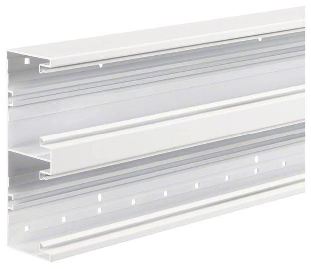 Metalna šina s više kanala i nizom rupa, pogodna za učvršćivanje predmeta ili kabela.