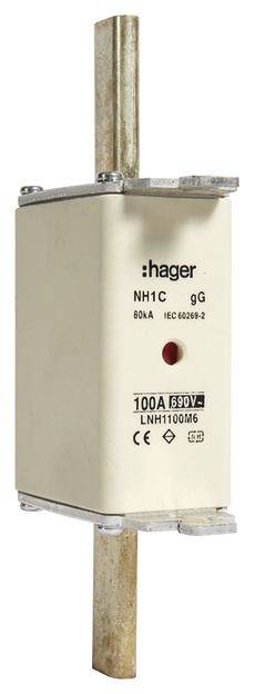 NH-sigurnosni umetak tvrtke Hager, tip NH1C, 100A, 690V, IEC 60269-2, pogodan za industrijske elektroinstalacije.