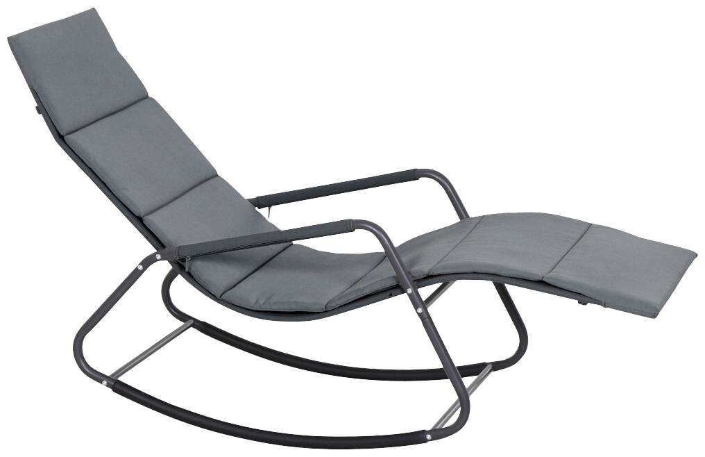 Moderni sivi stolac na ljuljanje s metalnim okvirom, ergonomskim dizajnom i udobnom sjedalom. Pogodan za opuštanje.