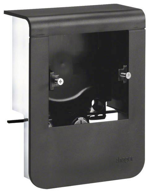 Crna metalna kutija s otvorima i nosačima za elektroničke komponente, pogodna za montažu na zid.