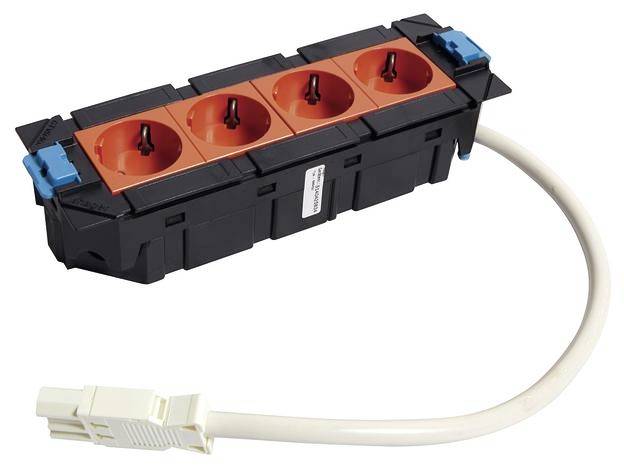 Elektronički uređaj s četiri utičnice i kabelom prikazan je na slici. Služi proširenju strujnih priključaka.