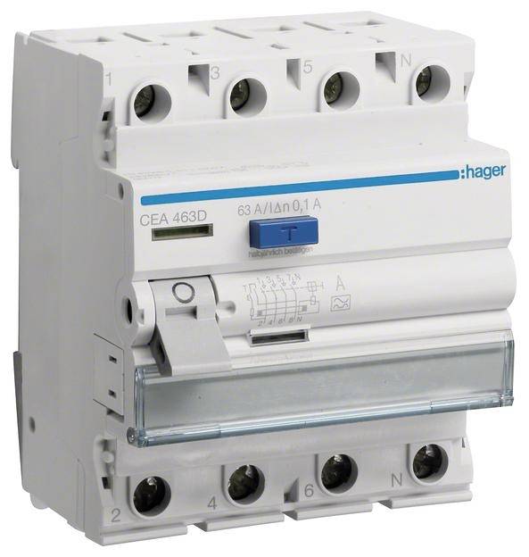 Bijeli zaštitni prekidač marke Hager s plavom tipkom, pogodan za 63 A/0,1 A nazivne struje.
