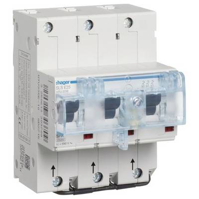 Trofazni automatski prekidač Hager, model SLS E35, za električne instalacije, s plavim poklopcem osigurača i označenim priključcima.