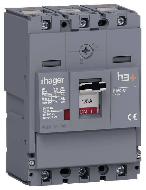 Trofazni prekidač snage Hager modela 'h3+ P160-C' s nazivnom strujom od 125 A.