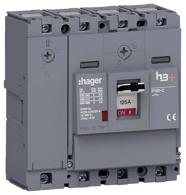 Sivi strujni prekidač Hager, model h3+ P160-C, projektiran za 125 A, u položaju uključeno ('ON'), s tehničkim specifikacijama.