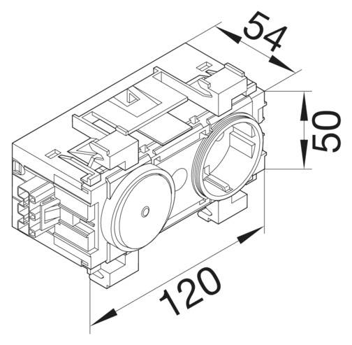 Tehnički nacrt pravokutnog elementa. Dimenzije: 120 mm duljina, 54 mm širina, 50 mm visina. Geometrijski detalji su vidljivi.