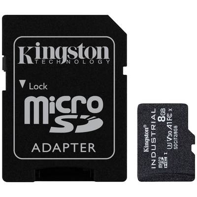 'Kingston Technology' MicroSD-adapter leži pored 8GB industrijske MicroSD kartice. Oboje su crni s bijelim natpisom.