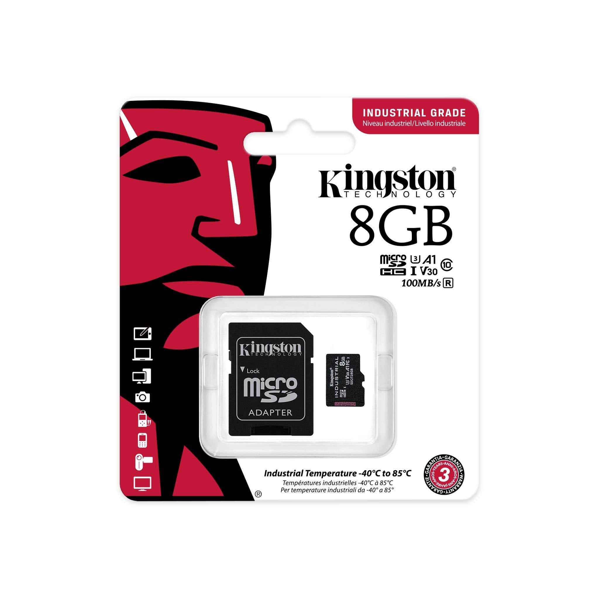 Industrijska Kingston microSD kartica, 8 GB, s adapterom, brzina čitanja od 100 MB/s, pogodna za ekstremne temperature.