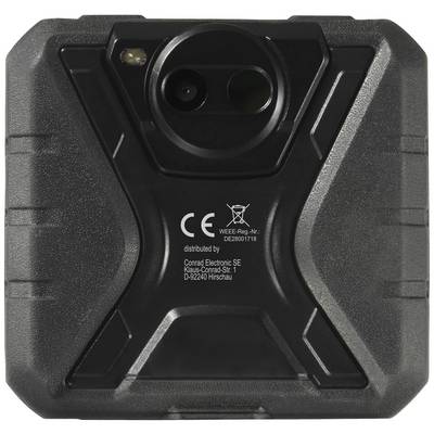 Stražnja strana crne kamere s dva objektiva i CE oznakom, distribuirane kroz Conrad Electronic SE.