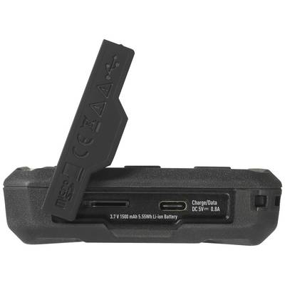 Uređaj s otvorenim poklopcem odjeljka, vidljivi su simboli i kontakti za punjenje. Napomena za bateriju: '3,7V 1500 mAh 5,55Wh Li-ion baterija'.