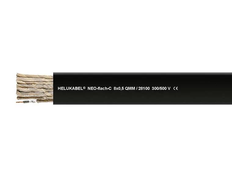 Presjek crnog kabela s natpisom 'HELUKABEL NEO-flach-C 8x0,5 QMM / 28100 300/500 V CE', prikazuje bakrene žice.
