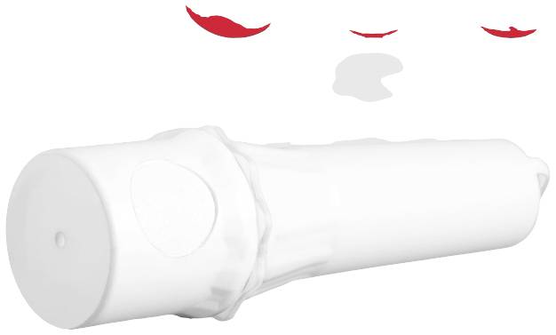 Bijeli plastični inhalator s zaobljenim vrhom leži vodoravno. Gore su prikazani crveni simboli usana i sivi simboli oblaka.
