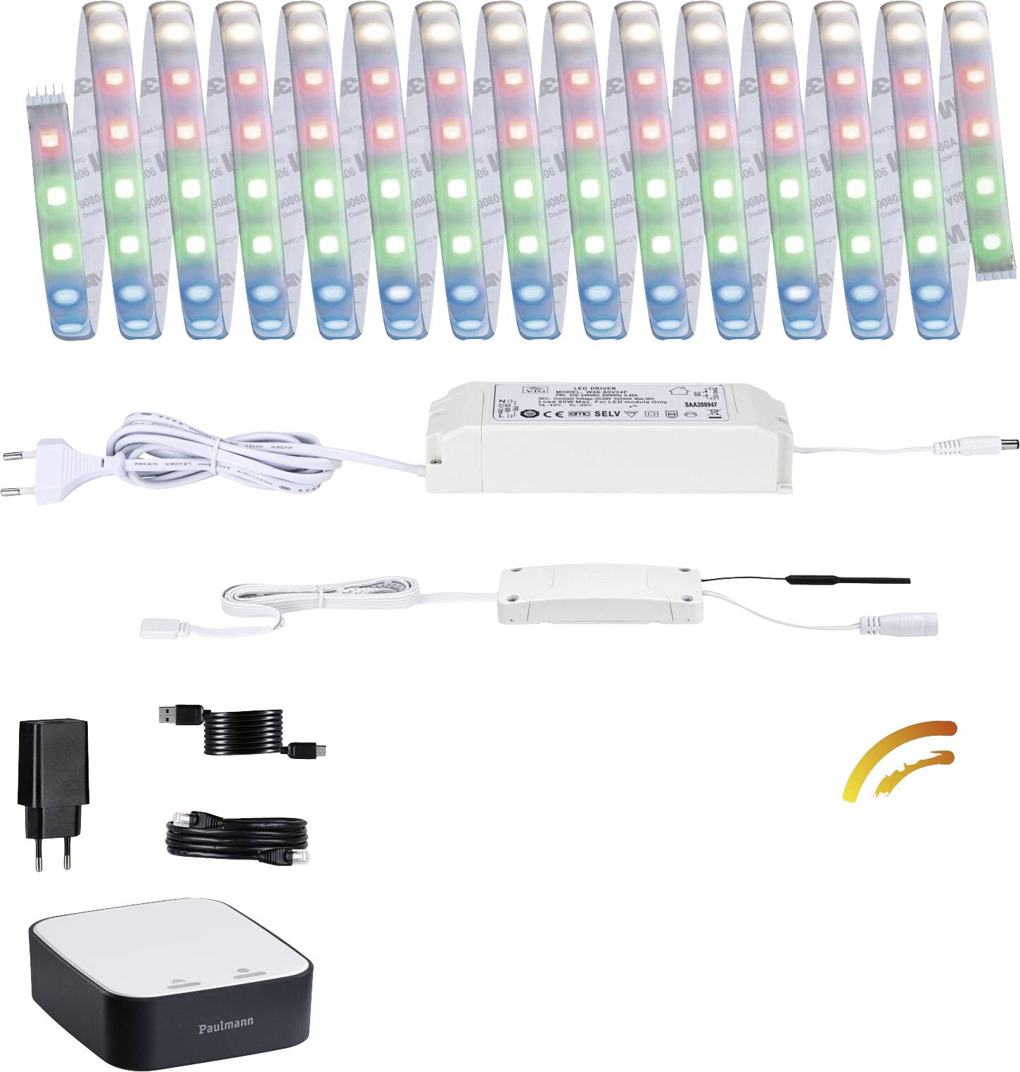 LED-lanac svjetala s modulima koji svijetle crveno, zeleno i plavo. Uključuje napajanje, kabel, adapter i upravljačku jedinicu za kontrolu osvjetljenja.