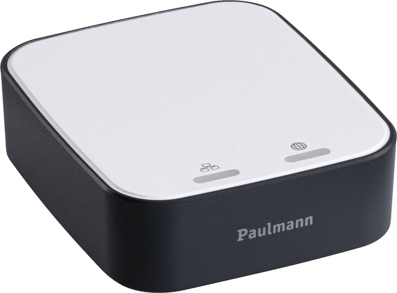 Quadratni uređaj crno-bijele boje tvrtke 'Paulmann', vjerojatno elektronički upravljački uređaj, s dva simbola na gornjoj površini.