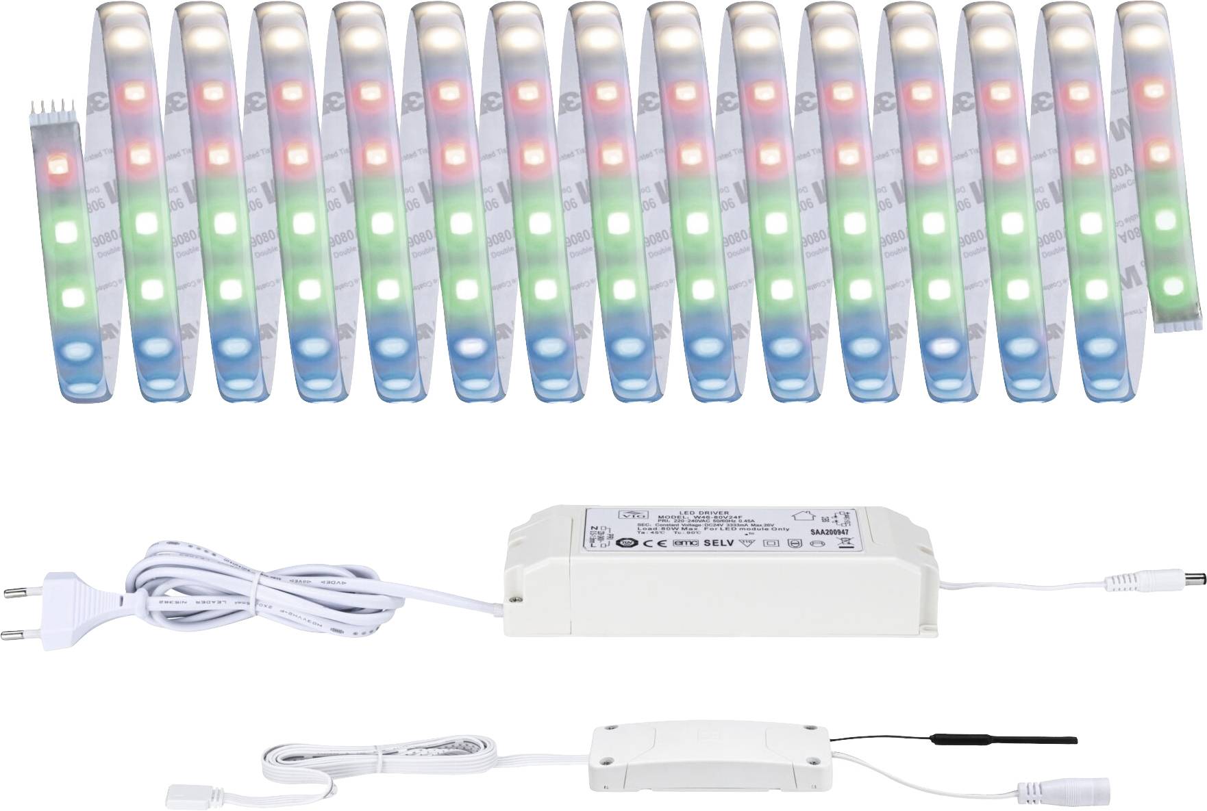 LED-trake u crvenoj, zelenoj i plavoj boji, napajanje i povezni kabel prikazani na bijeloj pozadini.