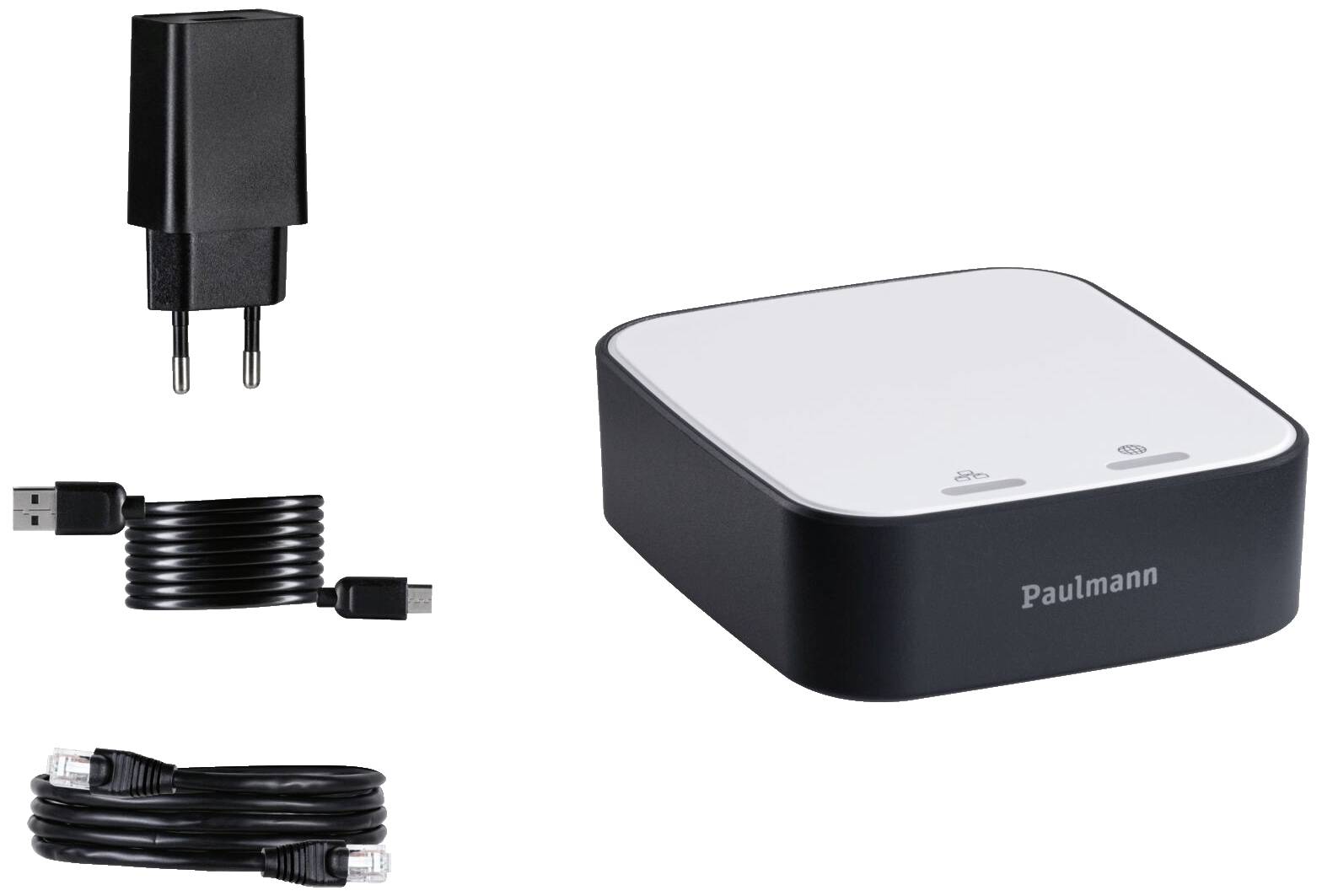 Pametni mrežni gateway s napajanjem, USB kabelom i Ethernet kabelom. Jedinica služi za povezivanje pametnih kućnih uređaja s mrežom.