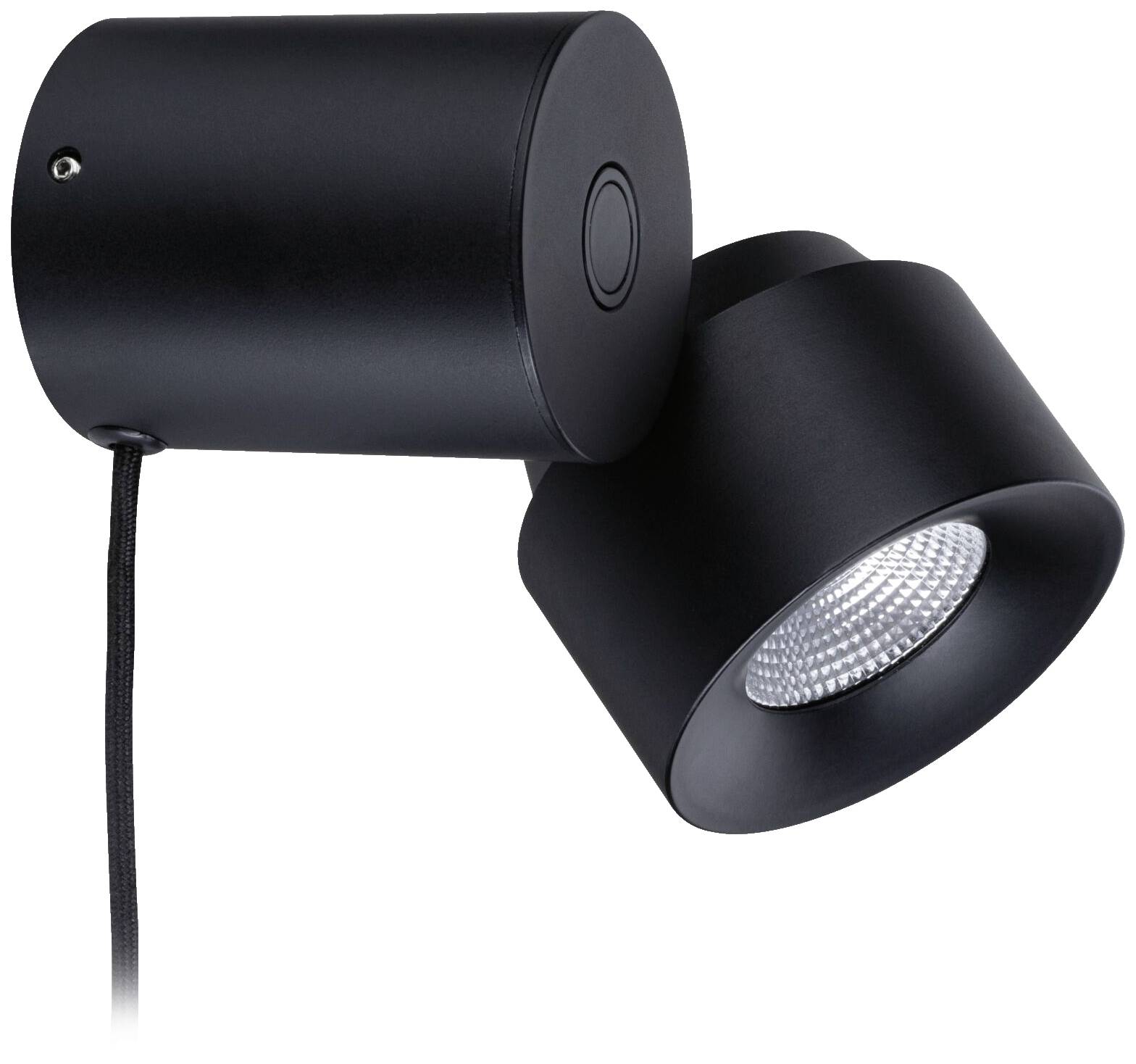 Crna cilindrična zidna lampa s podesivom glavom. Odlikuje je moderan dizajn i vidljivo LED osvjetljenje.