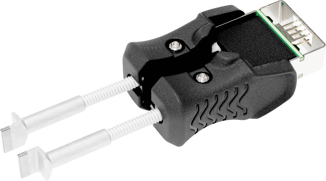 USB utikač s dvije integrirane vijke za učvršćivanje. Utikač ima čvrsto, crno plastično kućište.