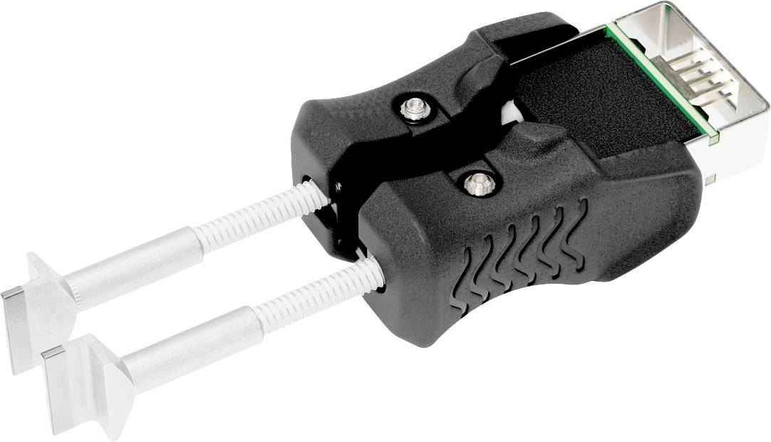Crni USB-A utikač s integriranim ručkama i dvije produžene srebrne stezaljke sa strana.