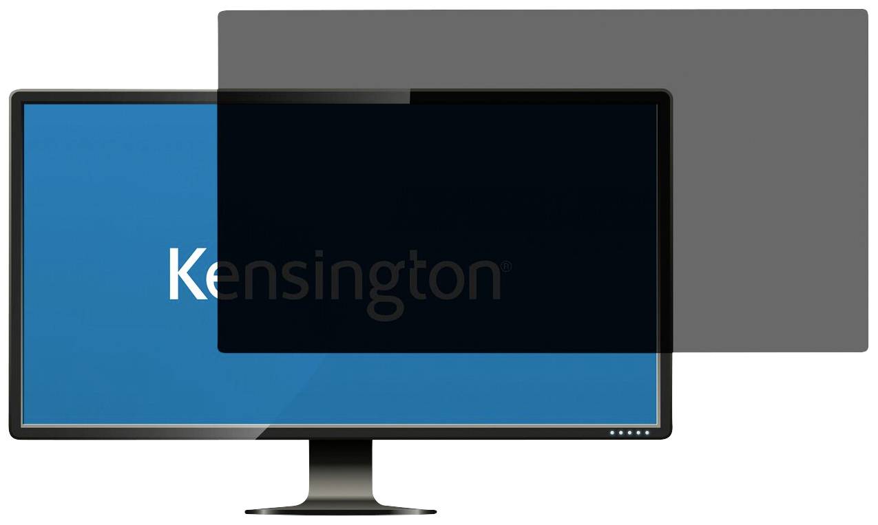 Računalni zaslon s plavom pozadinom prikazuje riječ 'Kensington'. Tamni filter za zaštitu privatnosti djelomično je postavljen preko zaslona.