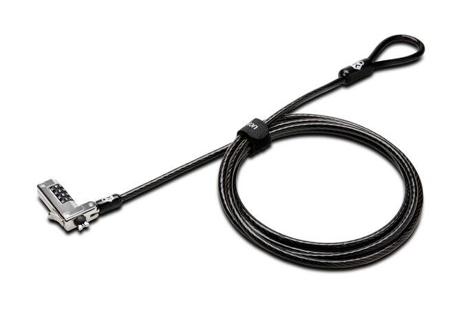Kabelska brave s brojčanim šiframa, koristi se za osiguranje laptopa ili drugih uređaja. Kabel je dugačak i crn.
