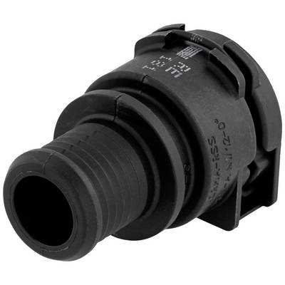 Crni plastični element cilindričnog oblika s utorima, vjerojatno spojni komad ili adapter za crijeva.