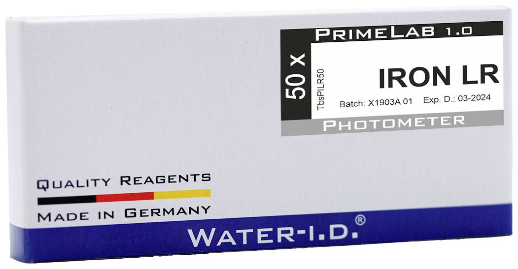 Pakiranja s natpisom 'PrimeLab 1.0 50x IRON LR Fotometar'. Sadržava testove željeznih reagensa, 'Napravljeno u Njemačkoj'.