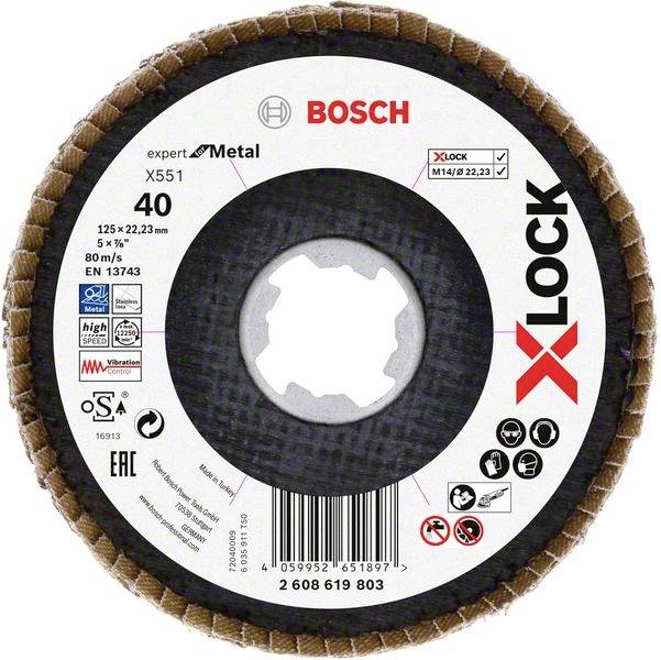 'X-LOCK' brusni disk za metal od Boscha; Tip X551, zrnatost 40, veličina 125 x 22,23 mm; Ograničenje brzine: 80 m/s.