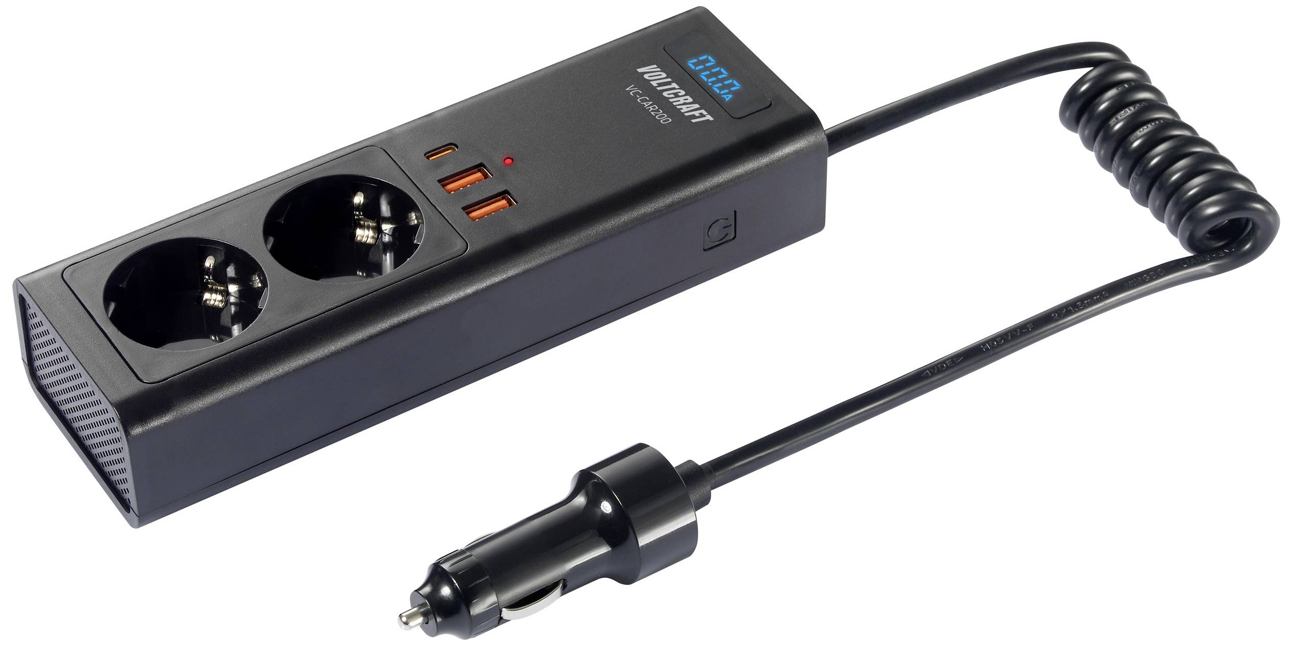 Prijenosni pretvarač napona za automobile. Dva utičnica i tri USB priključka. Crni dizajn sa spiralnim kabelom i utikačem za upaljač.