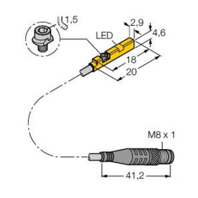 Tehnički nacrt senzora s LED-om, prikazuje mjere i priključke: 2,9 mm, 18 mm, 20 mm, M8 x 1. Gornji kut od 1,5.
