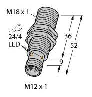 Tehnički nacrt cilindričnog utikača. Oznake: Navoj M18x1 i M12x1, LED 24/4, dimenzije 36 mm i 52 mm.