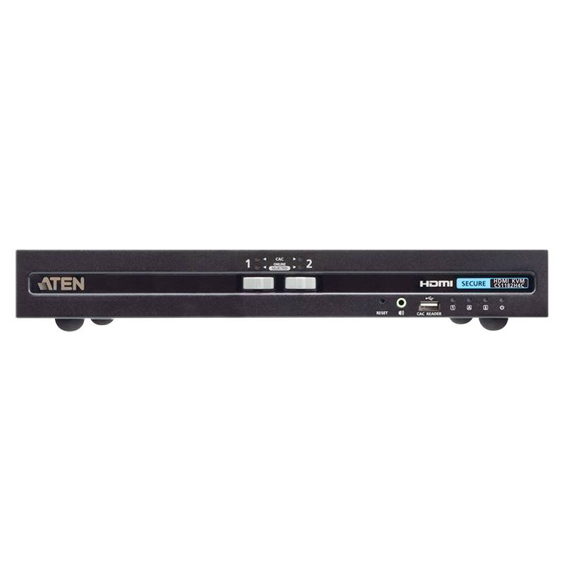 Crni KVM-switch tvrtke ATEN s HDMI-jem i Secure-Port-om, dvije tipke za prebacivanje, LED indikatore i audio utičnice.