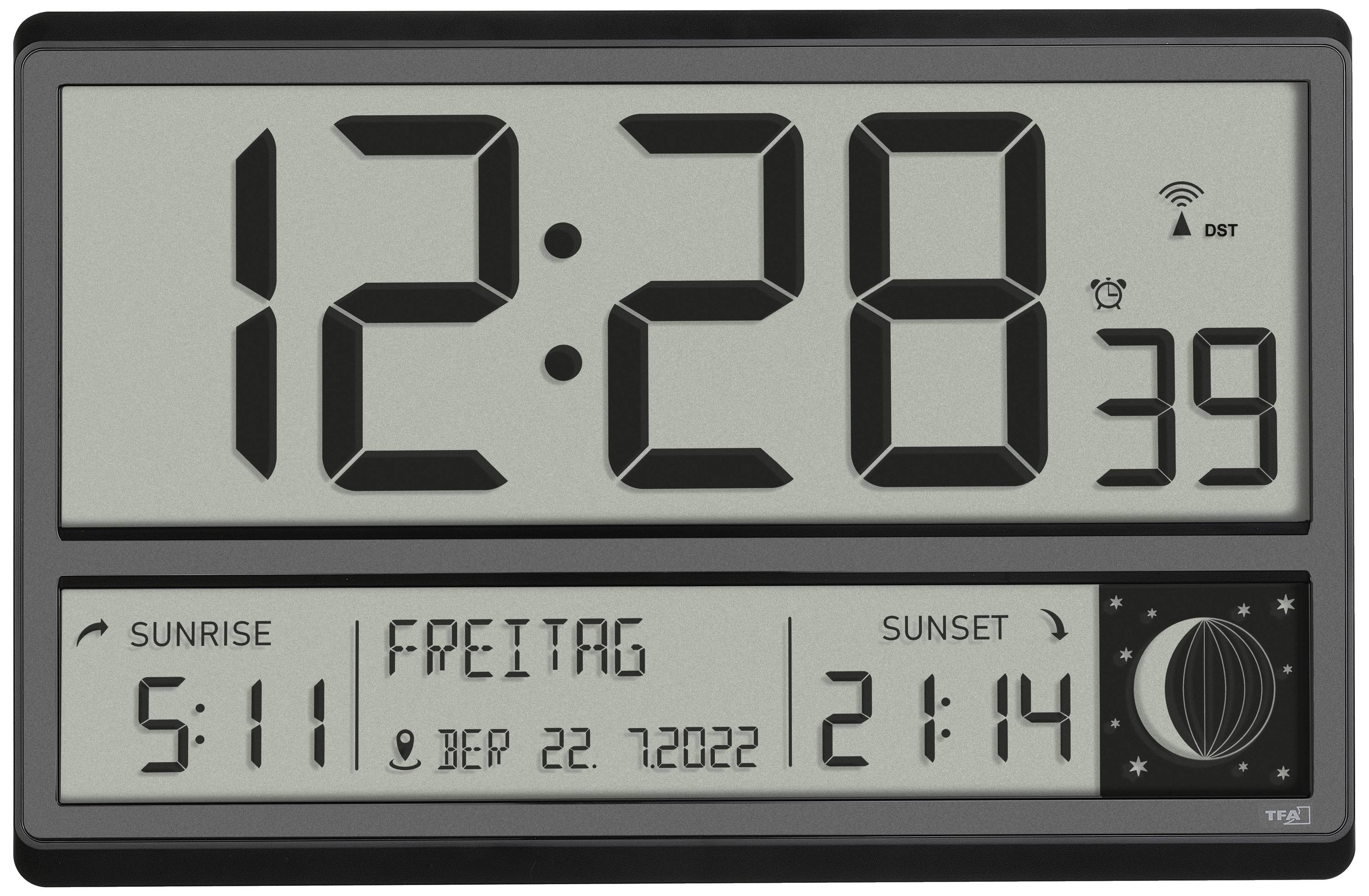 Digitalna zidna ura prikazuje vrijeme 12:28, datum petak, 22. srpnja 2022., izlazak sunca u 5:11 i zalazak sunca u 21:14.