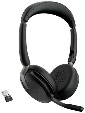 Jabra Evolve2 65 Flex Link380a MS  On Ear Headset Bluetooth® stereo crna poništavanje buke slušalice s mikrofonom, utišavanje mikrofona, kontrola glasnoće, indukcija, sklopive računalo