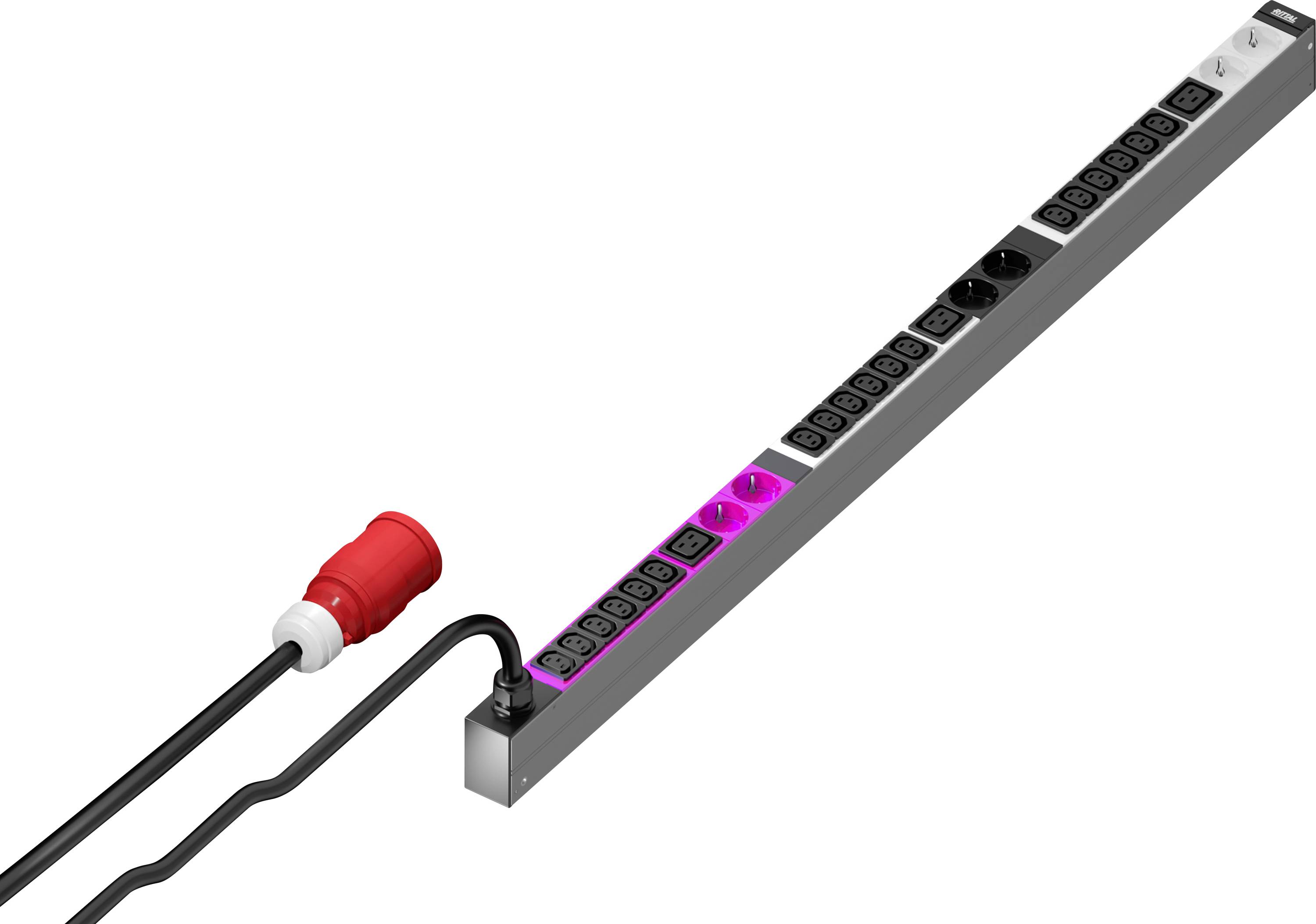 Prikazana je duga razvodna letva s više utičnica. Crveni utikač je priključen na jednom od njezinih krajeva.