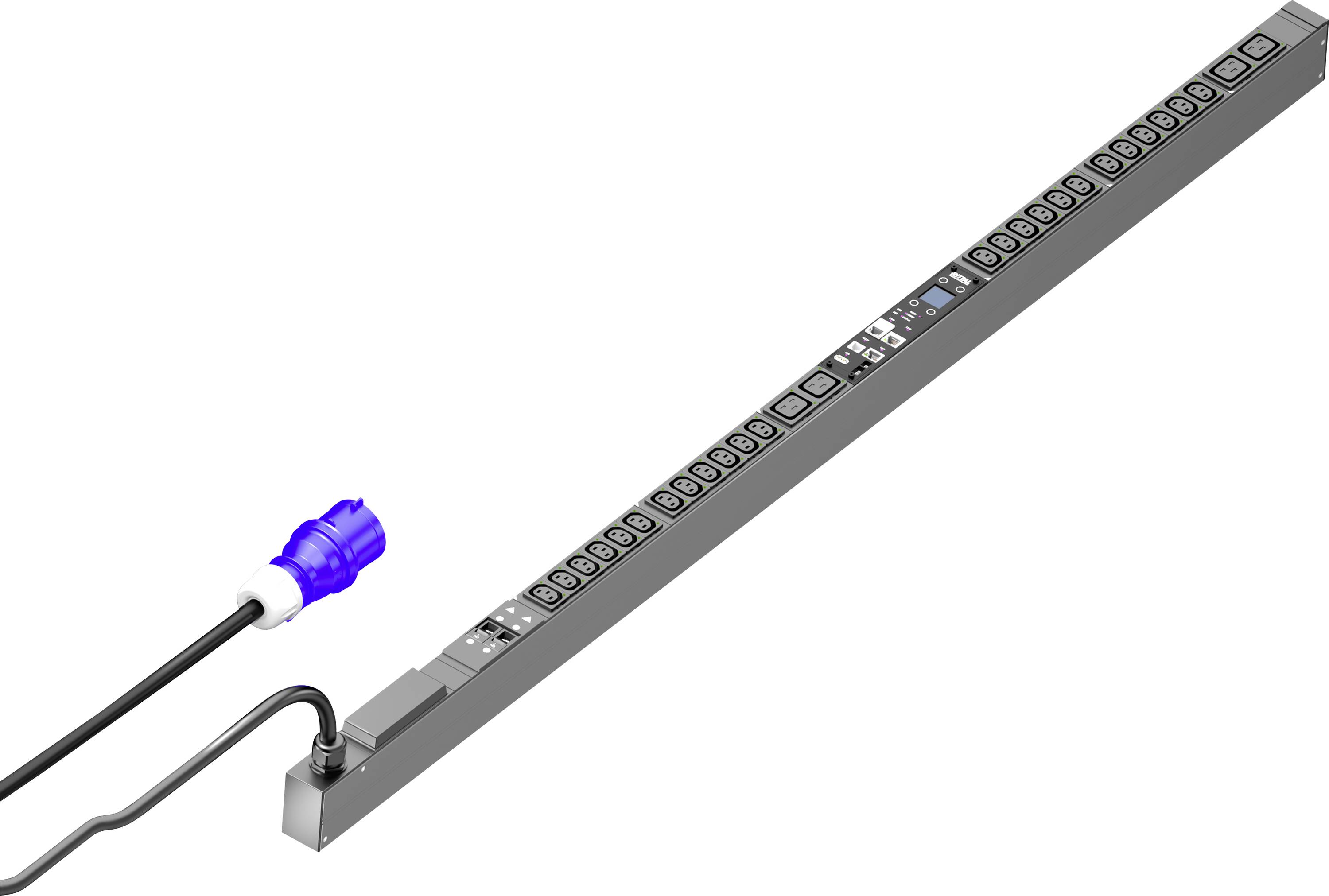 Dugi produžni kabel s više priključnih mjesta i plavim mrežnim utikačem, pogodan za IT stalke ili serverske prostorije.
