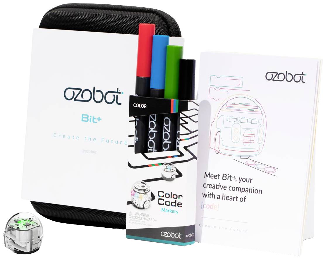 Slika prikazuje Ozobot Bit+ startni komplet koji uključuje robota, obojene markere, uputstvo i prijenosnu kutiju.