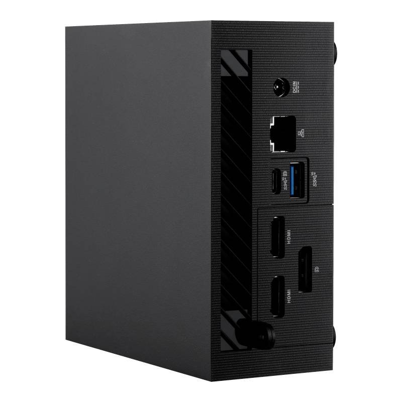 Crni mini-računar s različitim priključcima: Ethernet, USB i HDMI. Pogodan za kompaktna radna mjesta.