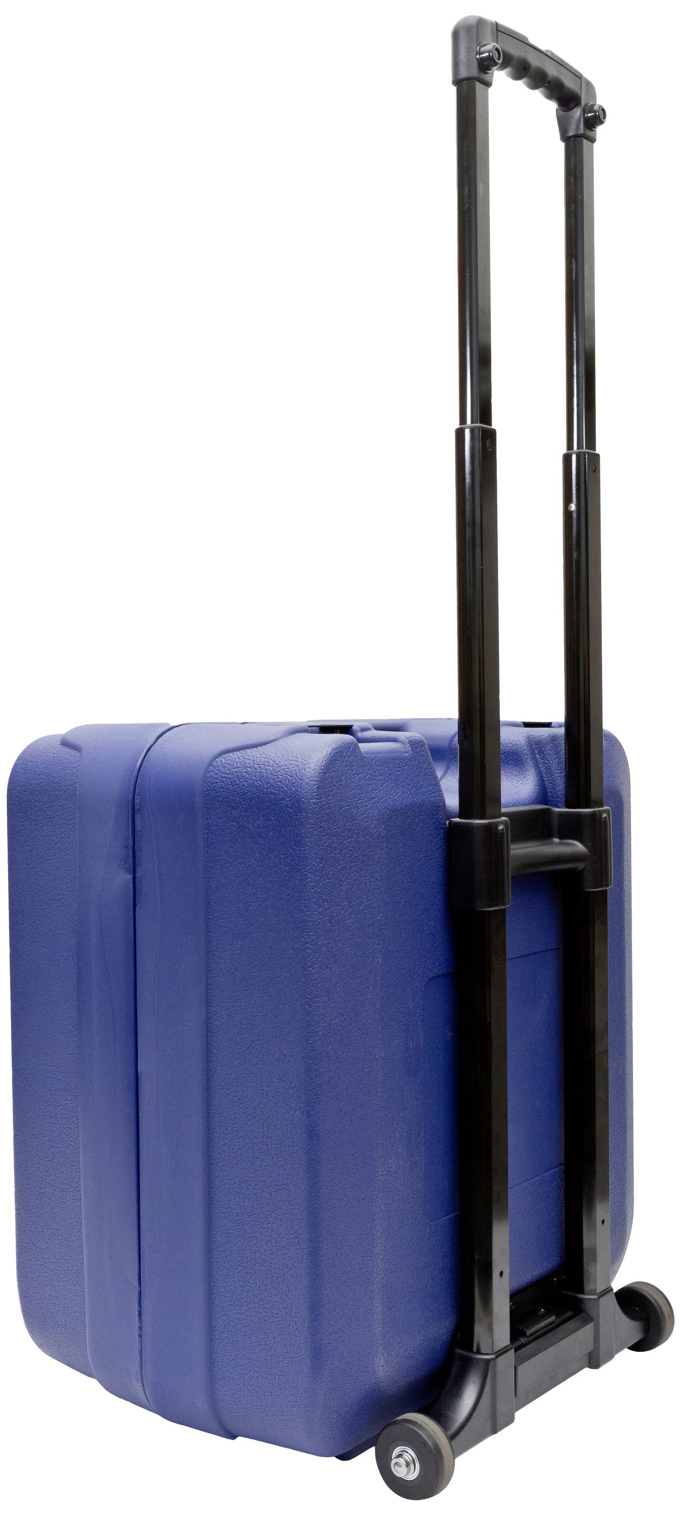 Plavi, premještiv kovčeg od tvrde ljuske s izvlačivom ručkom, stoji uspravno na bijeloj pozadini.