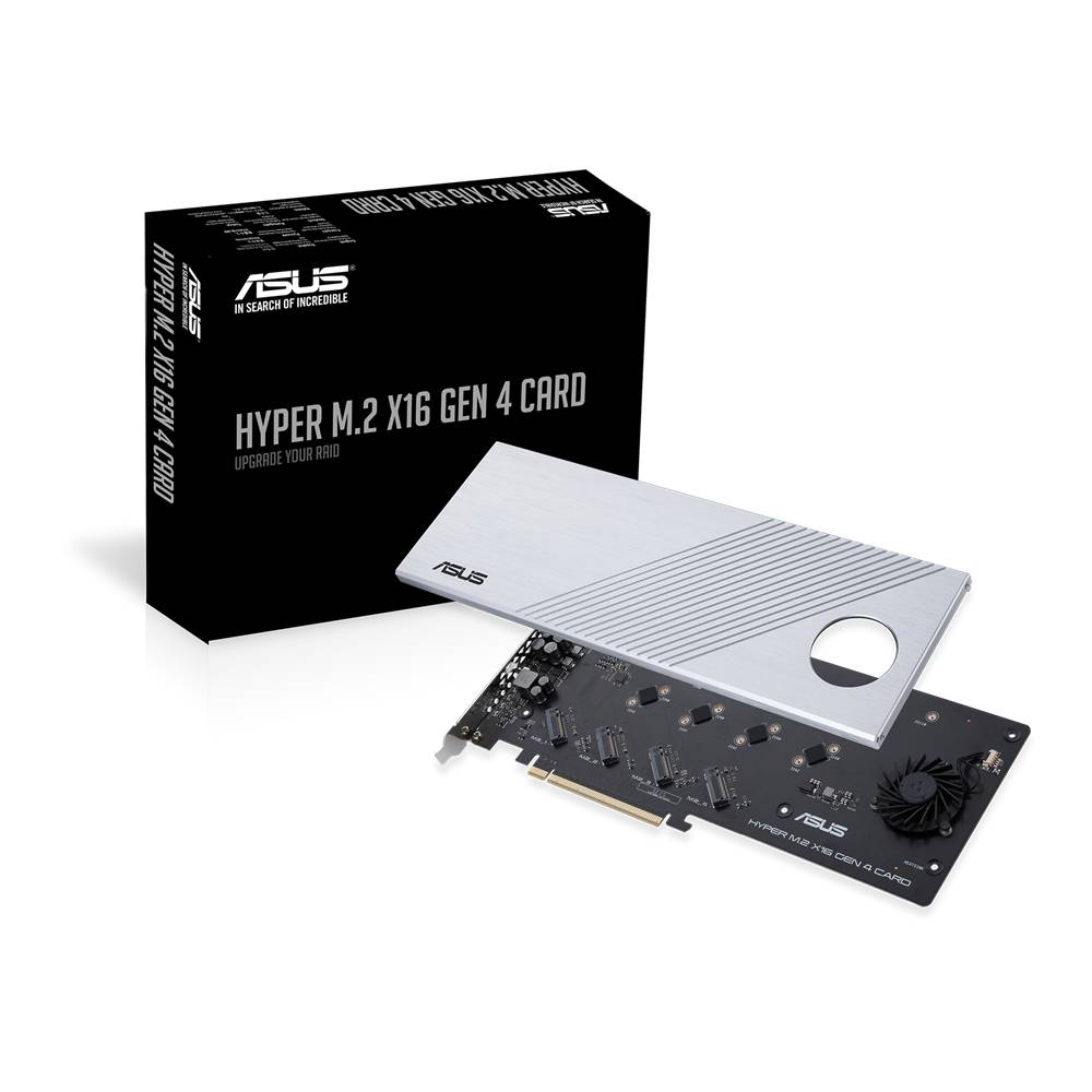 Asus Hyper M.2 X16 Gen 4 Card u srebrnoj boji s crnom ambalažom, prikazuje tehničke detalje i hladnjak, za proširenje PC-a.