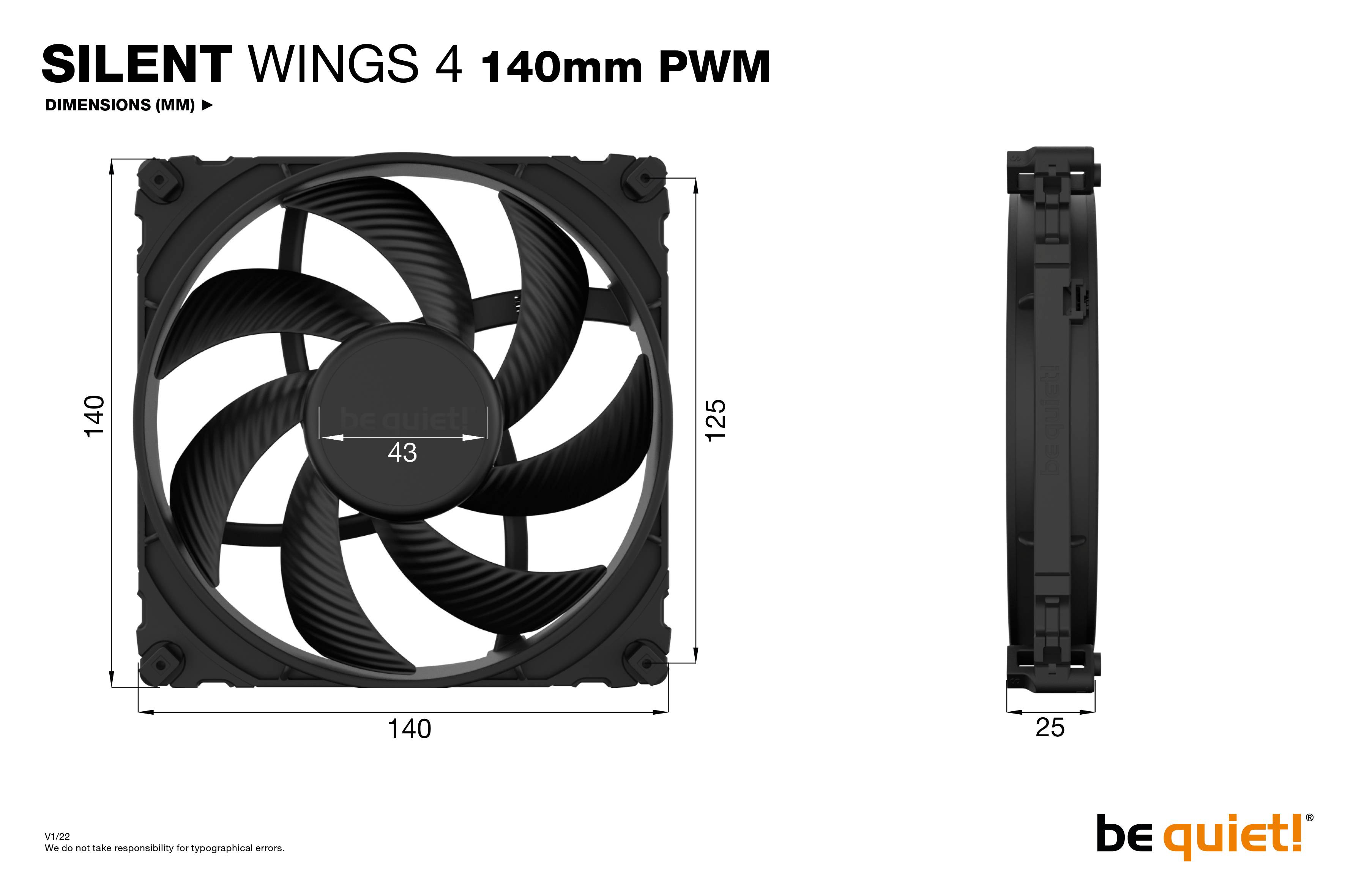Model ventilatora: Silent Wings 4, 140mm PWM. Dimenzije: 140mm x 140mm x 25mm. Logotip marke: be quiet!