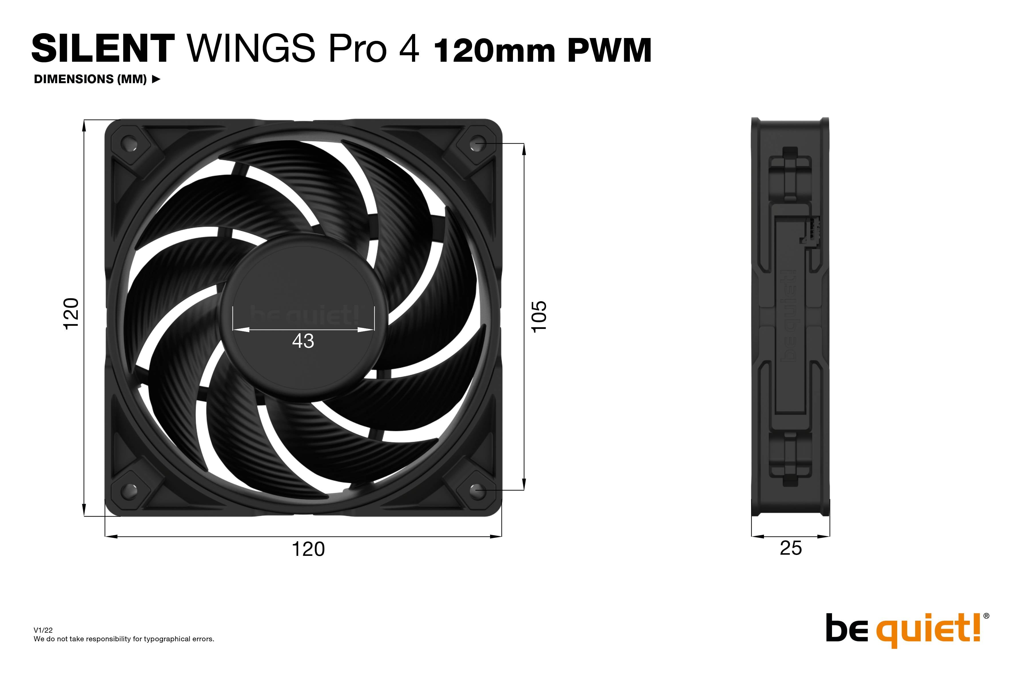 "Šutite! Silent Wings Pro 4 120mm PWM ventilator" prikazuje dva pogleda: prednji i bočni. Mjere: 120x120x25 mm. Crni ventilator s 9 krila.