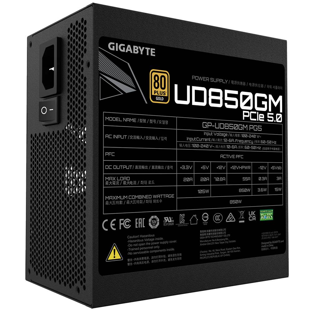 'GIGABYTE 850W napajanje, 80 Plus Gold certifirano, model UD850GM, PCIe 5.0, s rešetkom ventilatora i priključcima, crno.'