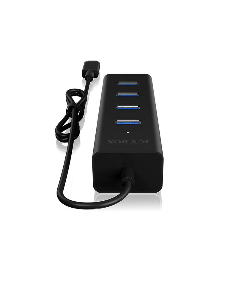 Crni USB razvodnik s četiri USB priključka i priključenim kabelom, prikazan s prednje strane. Idealan za proširenje USB priključaka.