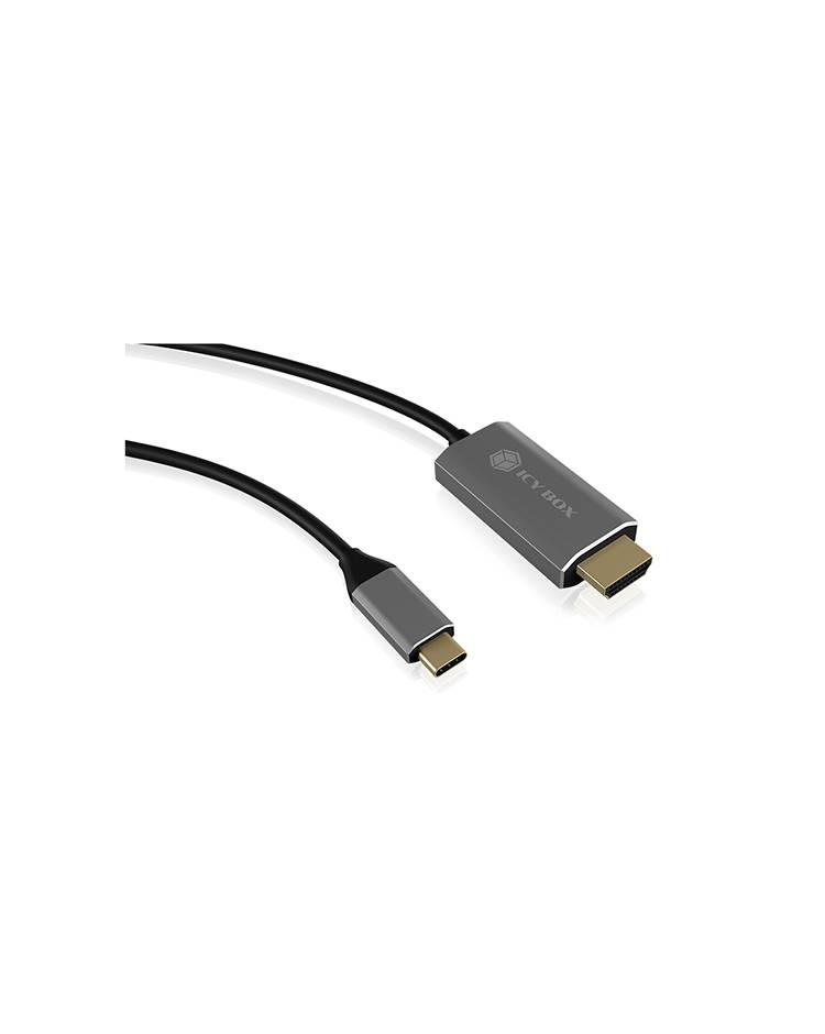 USB-C na HDMI kabel, crnog dizajna, povezuje uređaje s zaslonom za prijenos audio i video sadržaja.