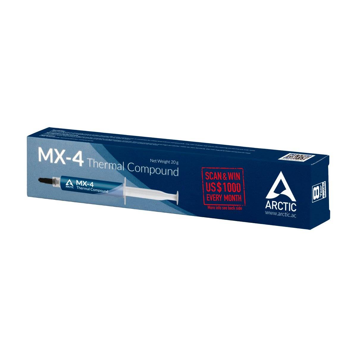 Plava ambalaža prikazuje natpis 'MX-4 Thermal Compound' i sadrži špric s termičkom pastom. Marka: Arctic.