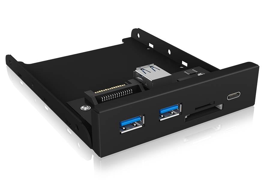 Crni umetni džep za PC od 3,5 inča na prednjoj strani prikazuje dva USB 3.0 priključka, jedan USB-C priključak i čitač kartica.