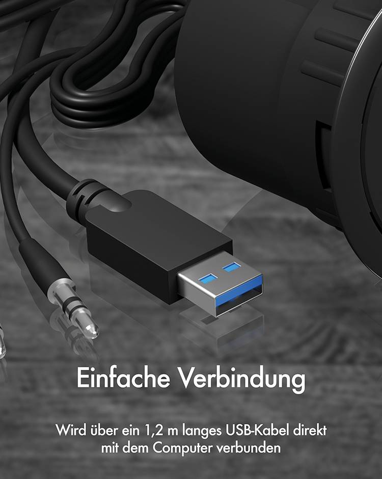 USB kabel s utičnicom povezuje se s uređajem. Tekst: Jednostavno povezivanje. Izravno se povezuje s računalom putem USB kabela dugog 1,2 m.