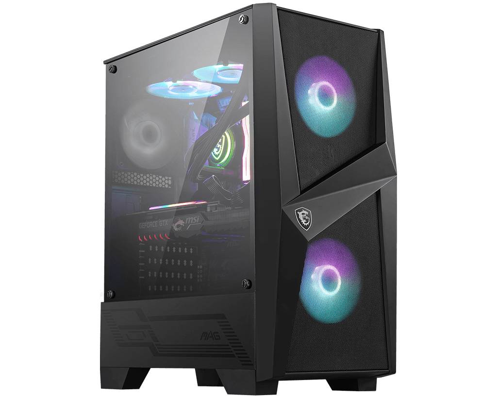 Crni gaming PC s bočnim staklenim prozorom, prikazuje šarene, svijetleće ventilatore i unutrašnjost hardvera.