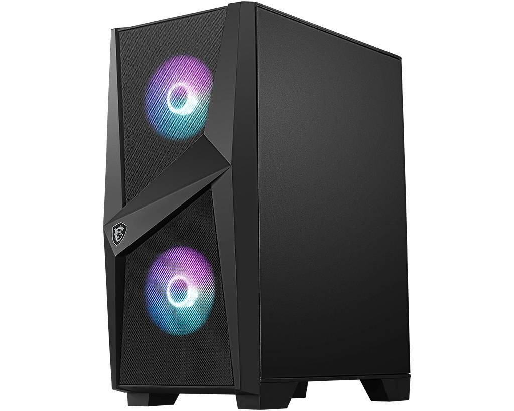Crno kućište računala s dva svijetleća, šarena ventilatora sprijeda. Moderan dizajn, pogodan za gaming računala.